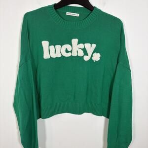 Moon & Madison Green Lucky Shamrock Sweater Size XL Cotton Cropped St Patricks